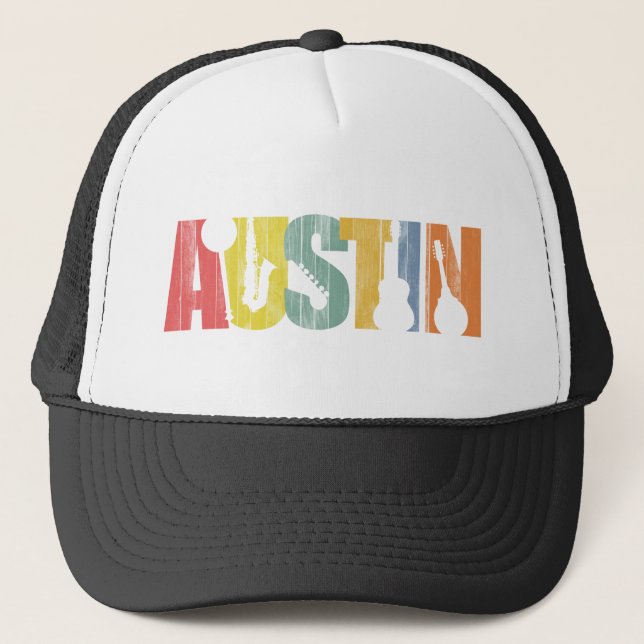 Austin Texas Music Festival Wood Grain Distressed Trucker Hat (Front)