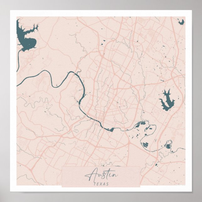Austin Texas Pink and Blue Cute Script Street Map Poster (Front)