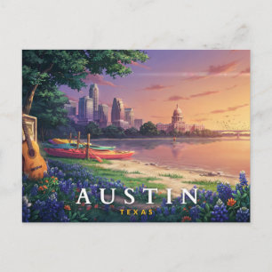 Austin Texas Retro Riverfront Music Travel Postcard