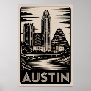 Austin Texas Skyline Black White Woodcut Poster