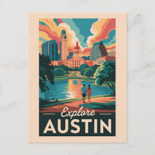 Austin Texas Skyline Travel Art Vintage Postcard