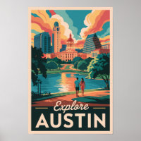 Austin Texas Skyline Travel Art Vintage