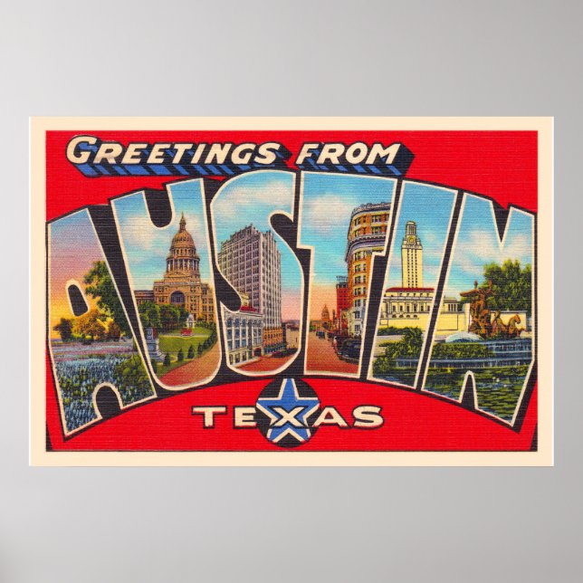 Austin Texas TX Vintage Large Letter Postcard Poster (Front)