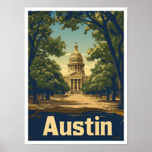 Austin Texas USA Art Vintage Travel Illustration Poster