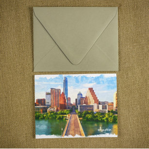 Austin Texas Vintage Travel City Watercolor Postcard