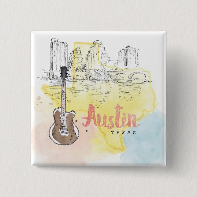 Austin,Texas | Watercolor Sketch 15 Cm Square Badge (Front)