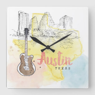 Austin,Texas   Watercolor Sketch Square Wall Clock
