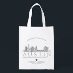 Austin, Texas Wedding | Stylised Skyline Reusable Grocery Bag<br><div class="desc">A unique wedding bag for a wedding taking place in the beautiful city of Austin,  Texas.  This bag features a stylised illustration of the city's unique skyline with its name underneath.  This is followed by your wedding day information in a matching open lined style.</div>