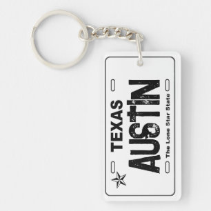 Austin Texas white license plate keychain