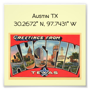 Austin TX Map Coordinates Vintage Style Photo Print