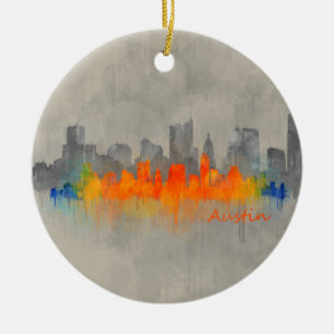 Austin watercolor Texas skyline b/w colorful City Ceramic Tree Decoration