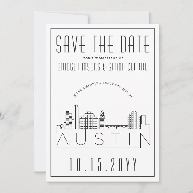 Austin Wedding | Stylised Skyline Save the Date Invitation (Front)