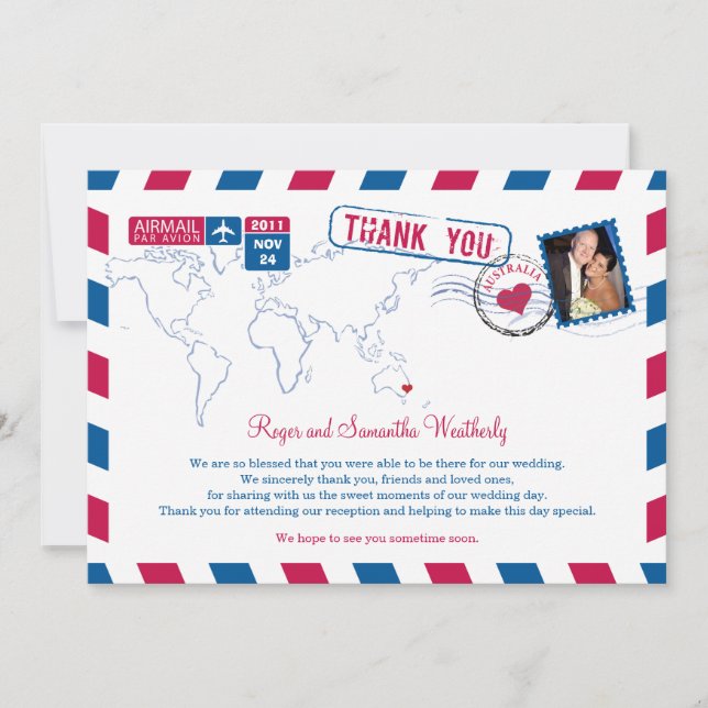 Australia Air Mail Wedding Thank You Card (Front)