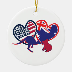 Australia and United States Flag Hearts Ceramic Tree Decoration