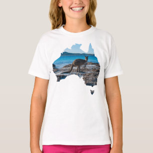 Australia Country Outline Shape Kangaroo on Beach T-Shirt