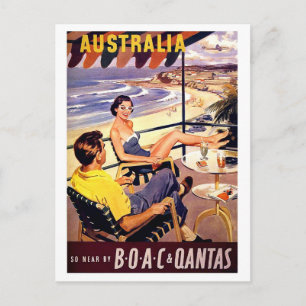 Australia, couple enjoy on terrace, vintage travel postcard