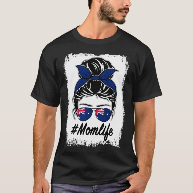 Australia Flag Australian Mom Messy Bun Mom Life T-Shirt (Front)