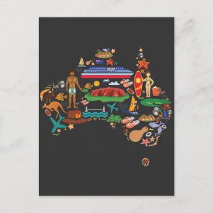 Australia Map Australian Continent Animals Travel Postcard
