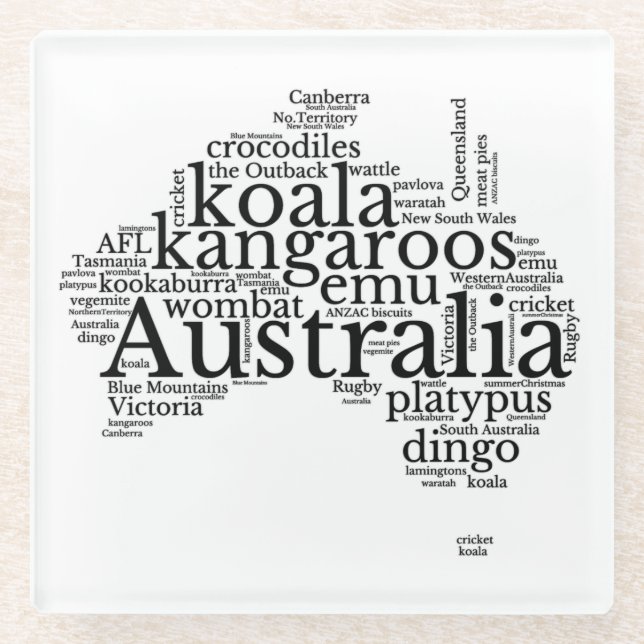 Australia Map Word Art Glass Coaster (Front)