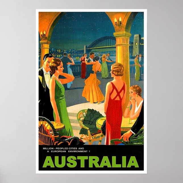 Australia, romantic evening party, vintage travel poster (Front)