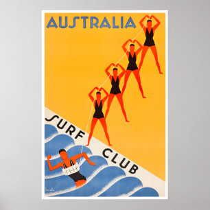Australia Swimming Art Travel Poster Vintage Sign