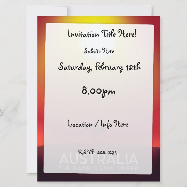 Australia " The land down under" vacation print. Invitation (Back)