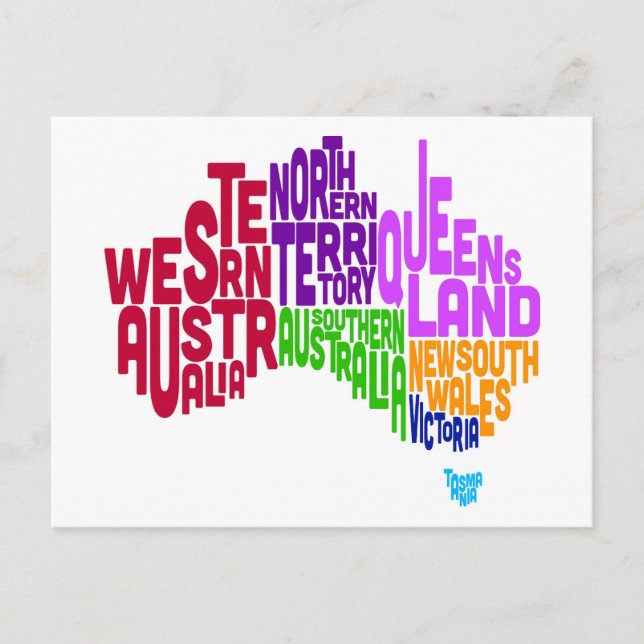 Australia Typographic Text Map Postcard (Front)