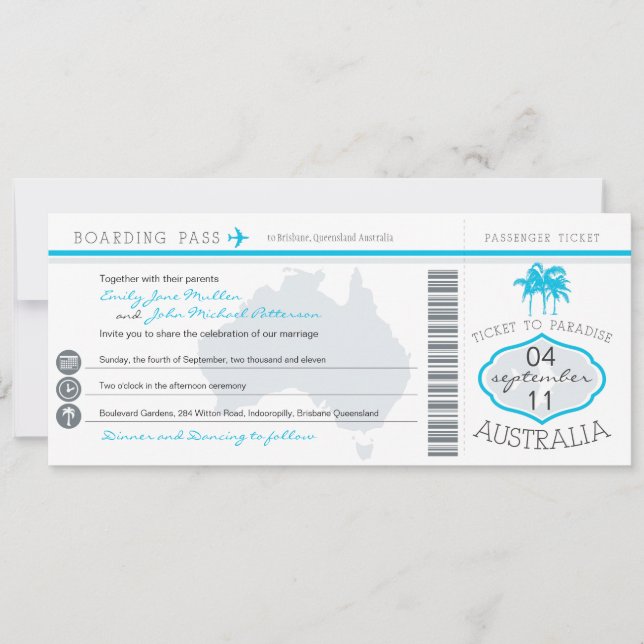 Australia Wedding Boarding Pass Invitation (Front)