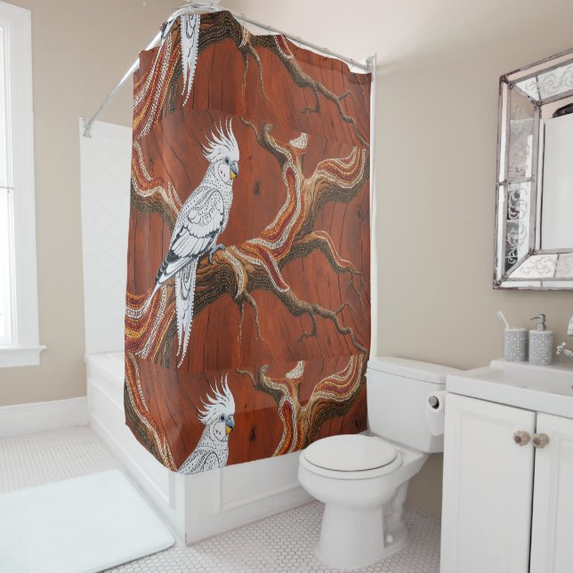 Australian Aboriginal-themed Cockatiel Shower Curtain (In Situ)