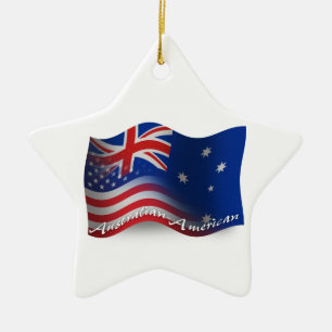 Australian-American Waving Flag Ceramic Tree Decoration
