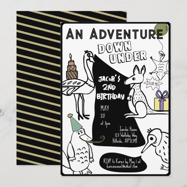 Australian Animal Colouring Page Kids Birthday Invitation (Front/Back)