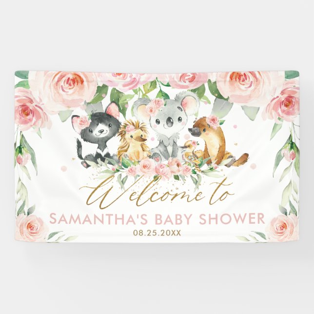 Australian Animal Pink Floral Baby Shower Backdrop Banner (Horizontal)
