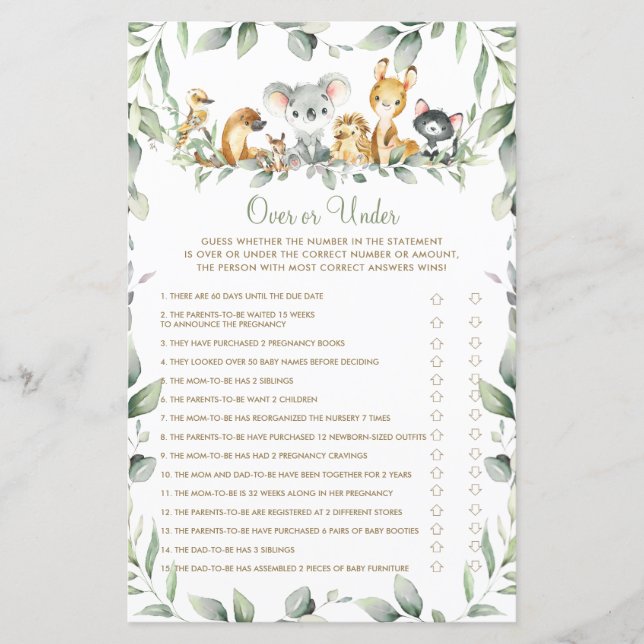 Australian Animals Baby Shower Over or Under Game (Front)