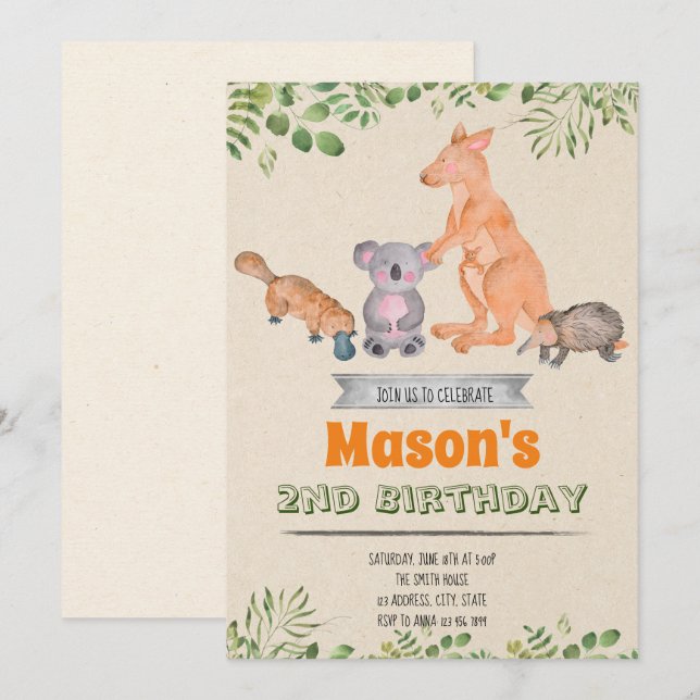 Australian Animals birthday invitation (Front/Back)