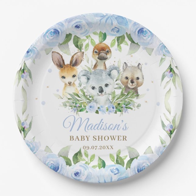 Australian Animals Blue Floral Boy Baby Shower Paper Plate (Front)
