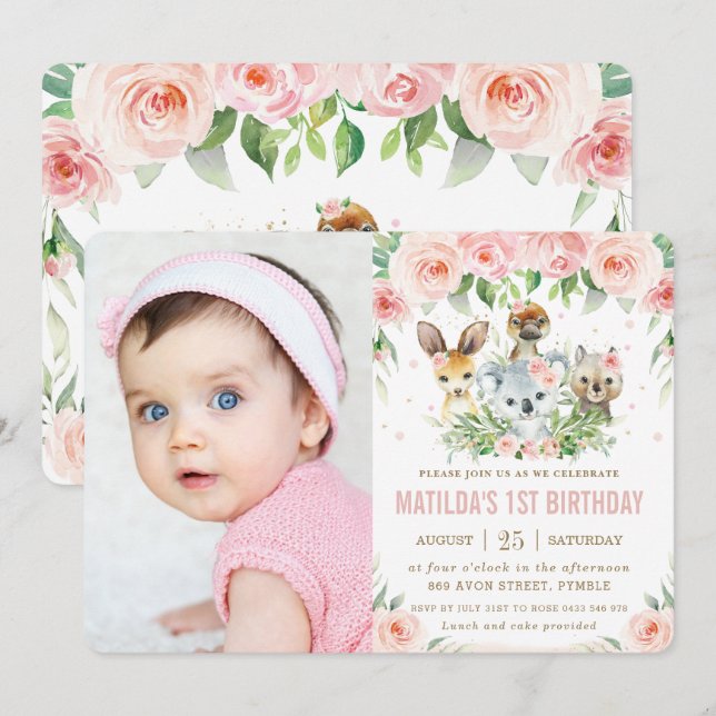 Australian Animals Blush Floral Birthday Photo  Invitation (Front/Back)