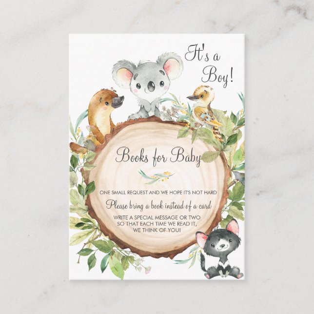 Australian Animals Books for Baby Boy Shower Enclosure Card (Front)