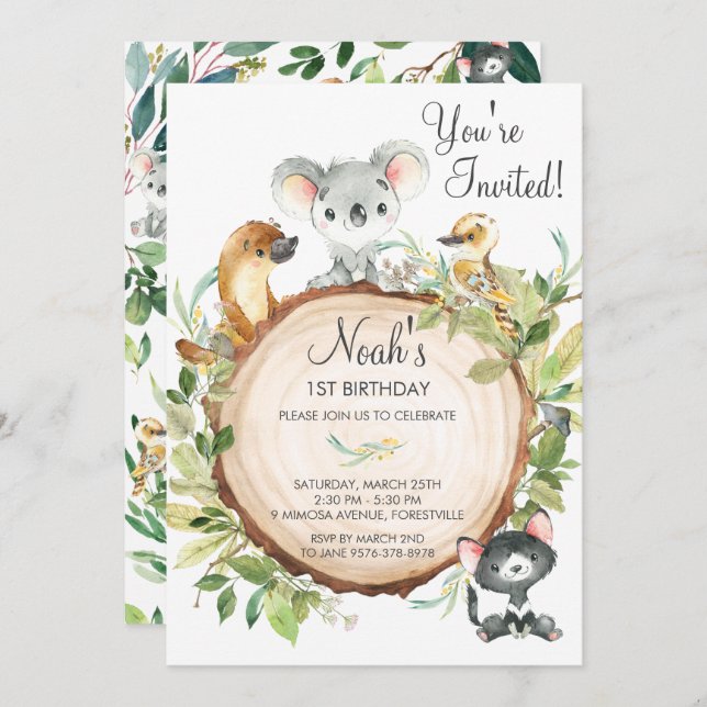 Australian Animals Cute Koala 1st Birthday Party Invitation (Front/Back)