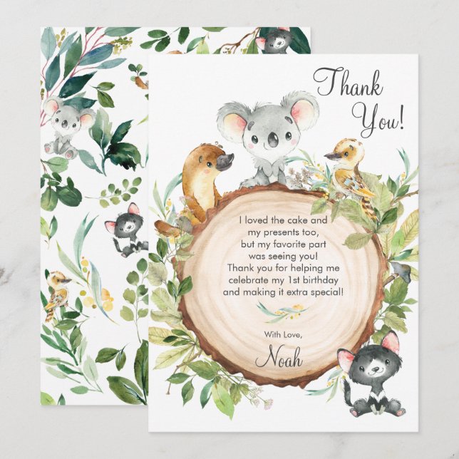 Australian Animals Cute Koala 1st Birthday Party  Thank You Card (Front/Back)