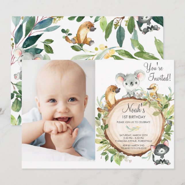 Australian Animals Cute Koala 1st Birthday Photo Invitation (Front/Back)