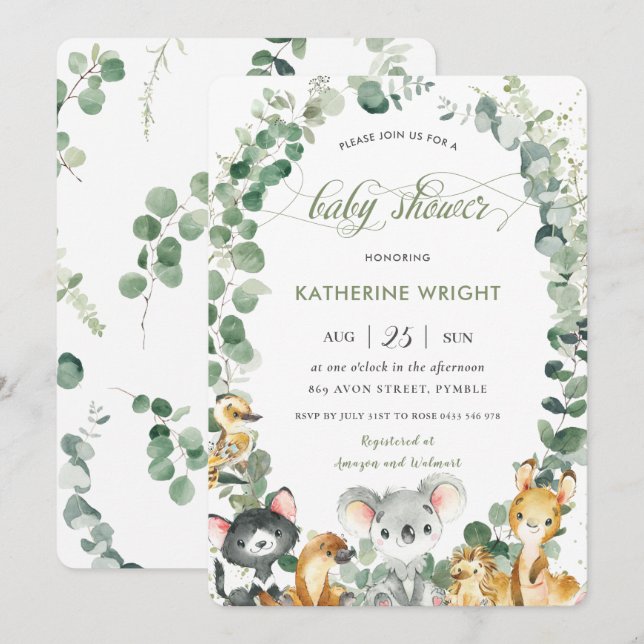 Australian Animals Eucalyptus Greenery Baby Shower Invitation (Front/Back)