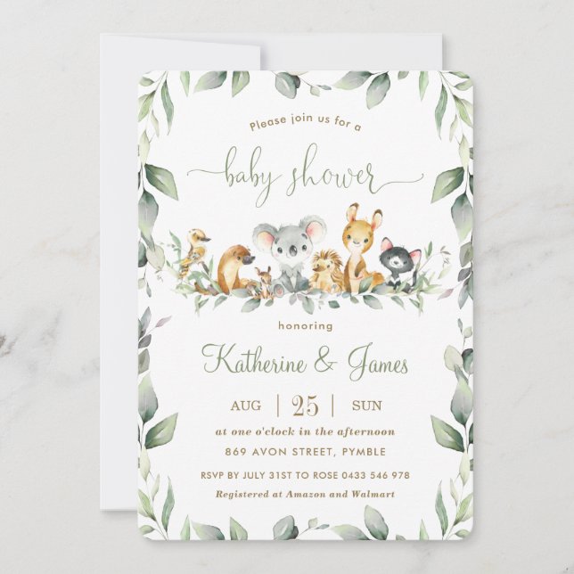 Australian Animals Greenery Baby Shower Neutral  Invitation (Front)