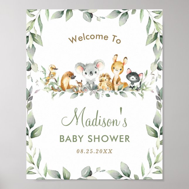 Australian Animals Greenery Baby Shower Welcome  Poster (Front)