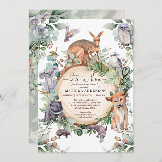 Australian Animals Greenery Eucalyptus Baby Shower Invitation (Front/Back)