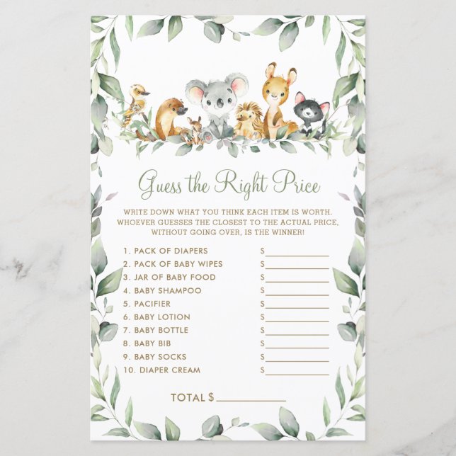 Australian Animals Guess the Right Price Baby Game (Front)