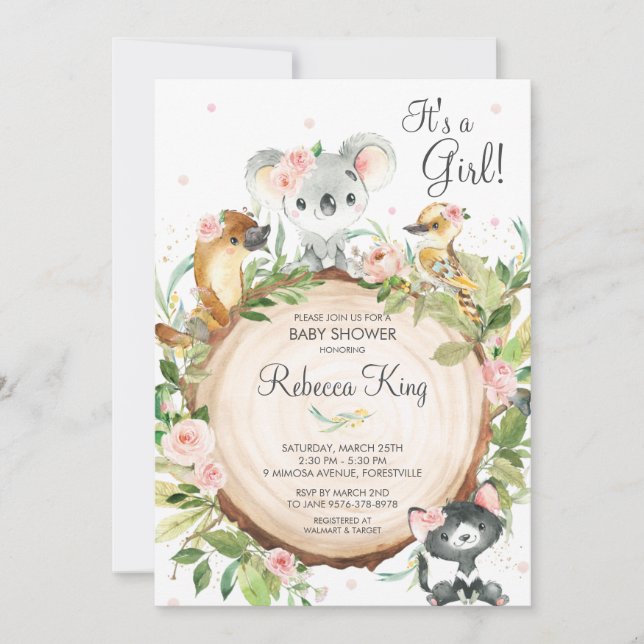 Australian Animals Koala Floral Baby Shower Girl Invitation (Front)