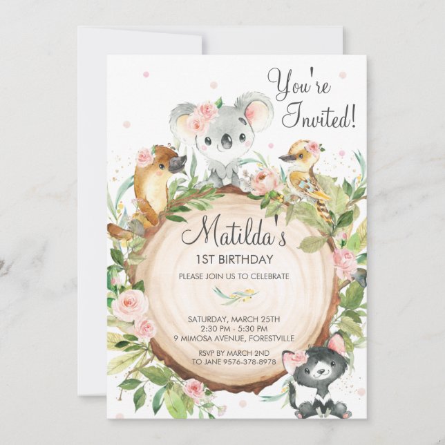 Australian Animals Koala Floral Girl Birthday  Invitation (Front)