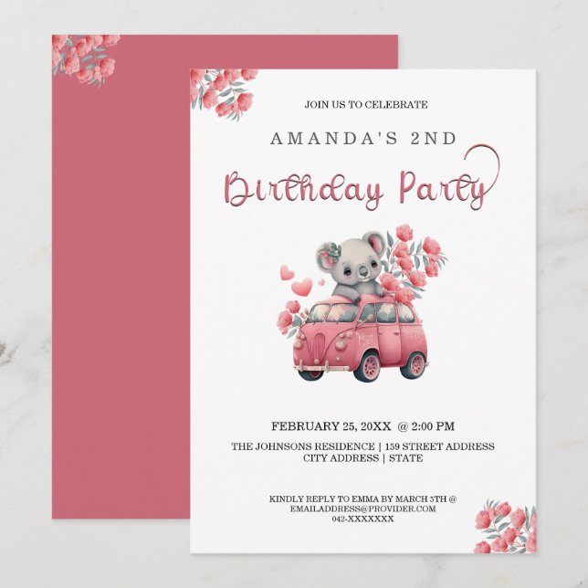 Australian Animals Koala Pink BIRTHDAY  Invitation (Front/Back)