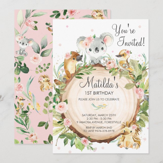 Australian Animals Koala Pink Floral Girl Birthday Invitation (Front/Back)