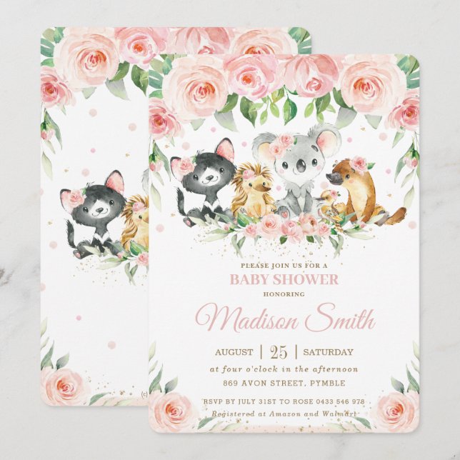 Australian Animals Pink Blush Floral Baby Shower  Invitation (Front/Back)